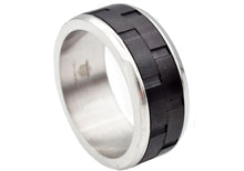 Load image into Gallery viewer, Mens Black And Silver Stainless Steel Brick Design 9mm Band Ring - Blackjack Jewelry
