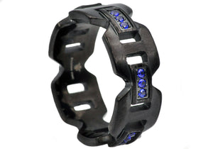 Mens 9mm Black Stainless Steel Blue Cubic Zirconia Anchor Link Ring - Blackjack Jewelry