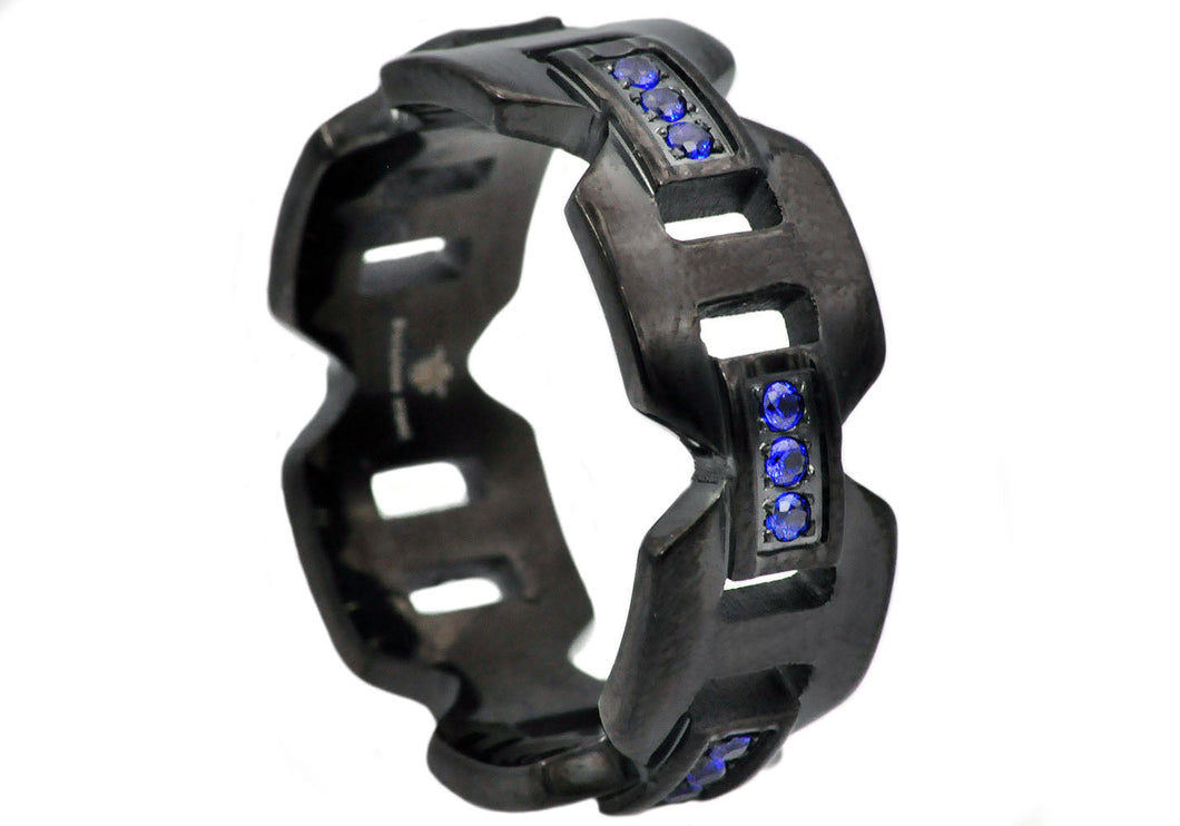 Mens 9mm Black Stainless Steel Blue Cubic Zirconia Anchor Link Ring - Blackjack Jewelry
