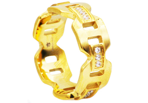 Mens Gold Stainless Steel Band With Cubic Zirconia - Blackjack Jewelry