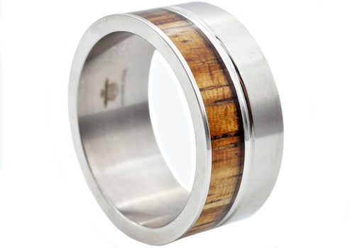 Mens Wood Inlayed Stainless Steel Ring - Blackjack Jewelry