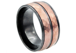 Mens 10mm Black And Chocolate Stainless Steel Hammered Ring - Blackjack Jewelry