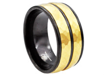 Load image into Gallery viewer, Mens 10mm Black And Gold Stainless Steel Hammered Ring - Blackjack Jewelry
