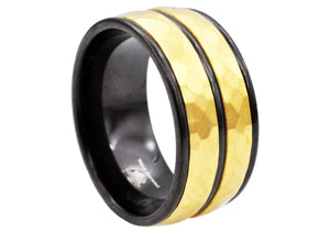 Mens 10mm Black And Gold Stainless Steel Hammered Ring - Blackjack Jewelry