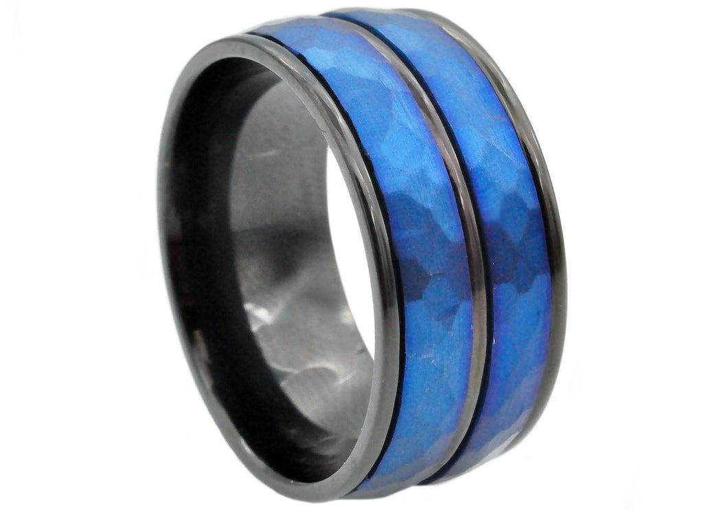 Mens 10mm Black And Blue Stainless Steel Hammered Ring - Blackjack Jewelry