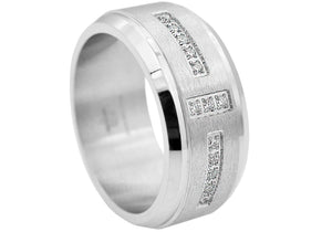 Mens Beveled Stainless Steel Band With Black Cubic Zirconia - Blackjack Jewelry