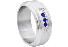 Load image into Gallery viewer, Mens Beveled Stainless Steel Band Ring With White And Blue Cubic Zirconia - Blackjack Jewelry
