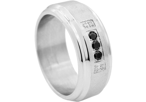 Mens Beveled Stainless Steel Band Ring With White And Black Cubic Zirconia - Blackjack Jewelry