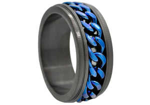 Mens 10mm Black And Blue Stainless Steel Chain Ring - Blackjack Jewelry