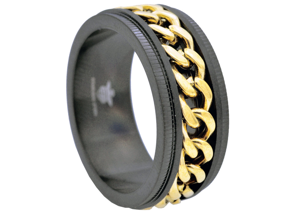 Mens 10mm Black And Gold Stainless Steel Chain Ring - Blackjack Jewelry