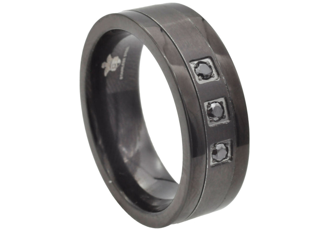Mens Black Stainless Steel Band Ring With Cubic Zirconia - Blackjack Jewelry