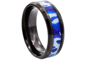 Mens Black Stainless Steel Blue Camo Band Ring - Blackjack Jewelry