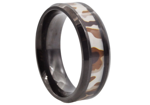 Mens Black Stainless Steel Brown Camo Band Ring - Blackjack Jewelry
