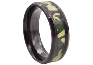 Mens Black Stainless Steel Green Camo Band Ring - Blackjack Jewelry