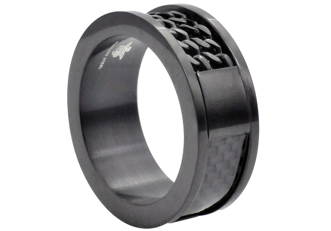 Mens Black Stainless Steel Double Curb Link Carbon Fiber Band Ring - Blackjack Jewelry