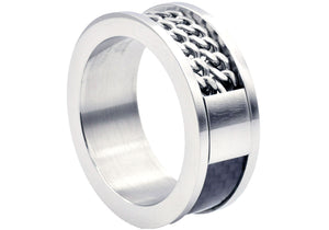 Mens Stainless Steel Black Carbon Fiber Double Curb Link Band Ring - Blackjack Jewelry