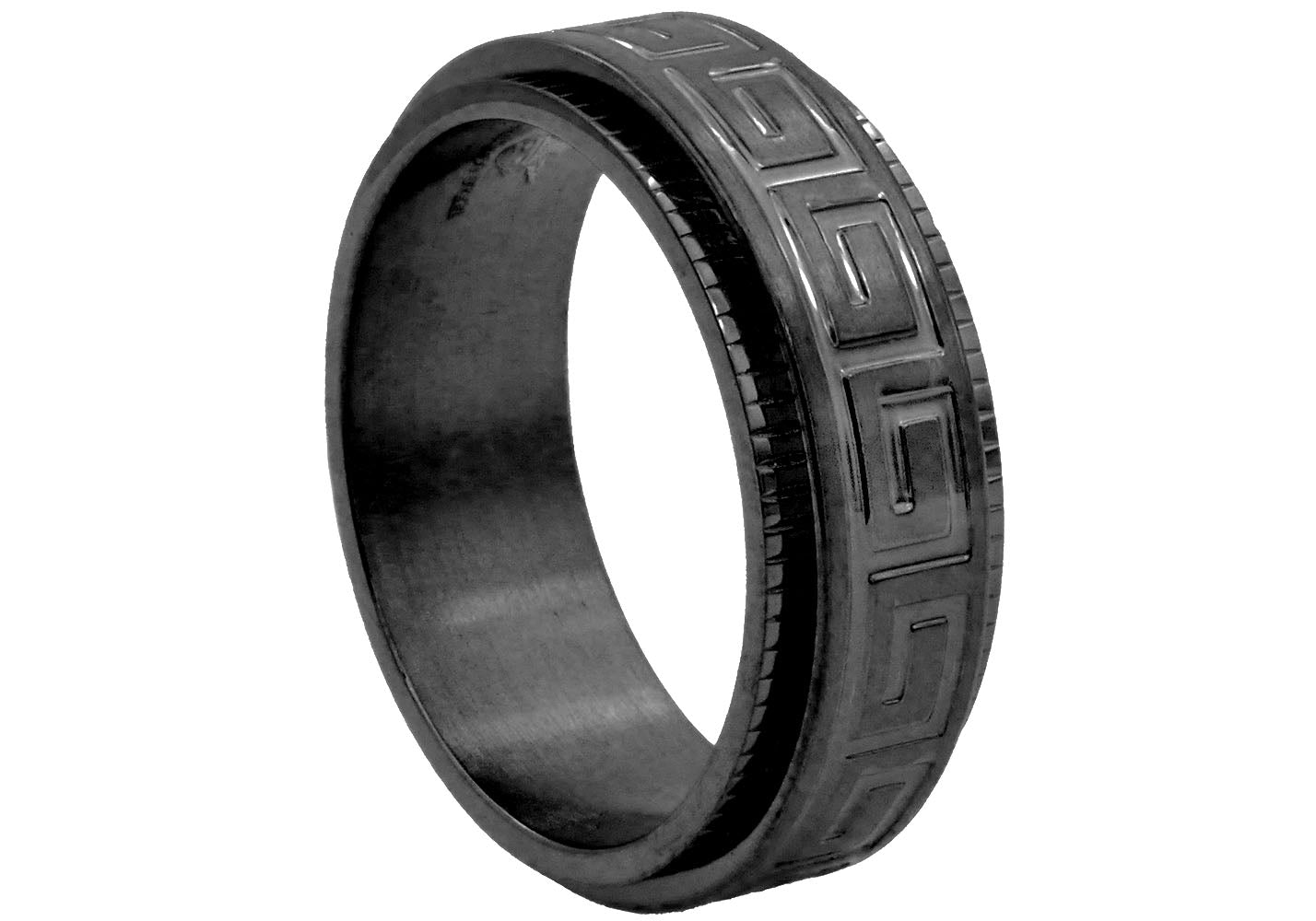 Mens 8mm Black Stainless Steel Etched Greek Key Spinner Band Ring