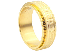 Mens 8mm Gold Stainless Steel Etched Greek Key Spinner Band Ring - Blackjack Jewelry