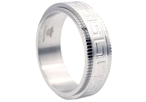 Mens 8mm Stainless Steel Etched Greek Key Spinner Band Ring - Blackjack Jewelry