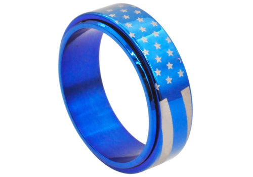 Mens Blue Stainless Steel American Flag Spinner Ring - Blackjack Jewelry