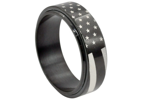 Mens Black Stainless Steel American Flag Spinner Ring - Blackjack Jewelry