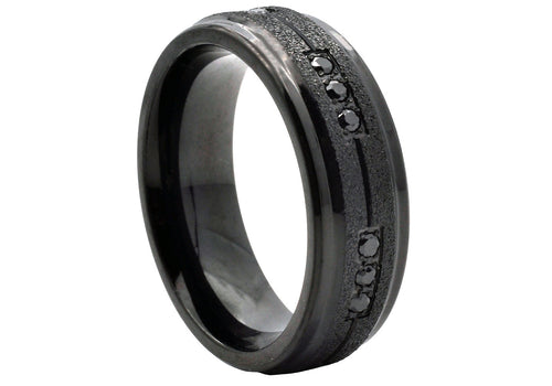 Mens Sandblasted Black Stainless Steel Band With Black Cubic Zirconia - Blackjack Jewelry