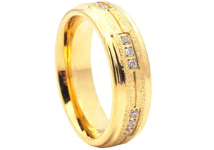Mens Sandblasted Gold Stainless Steel Band With Cubic Zirconia - Blackjack Jewelry