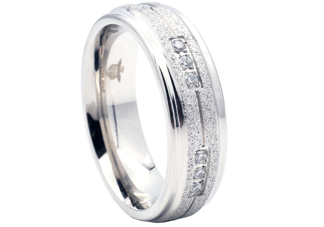 Mens Sandblasted Stainless Steel Band With Cubic Zirconia - Blackjack Jewelry