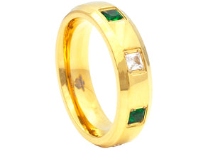 Mens Gold Stainless Steel Ring With Green and White Square Cubic Zirconia - Blackjack Jewelry