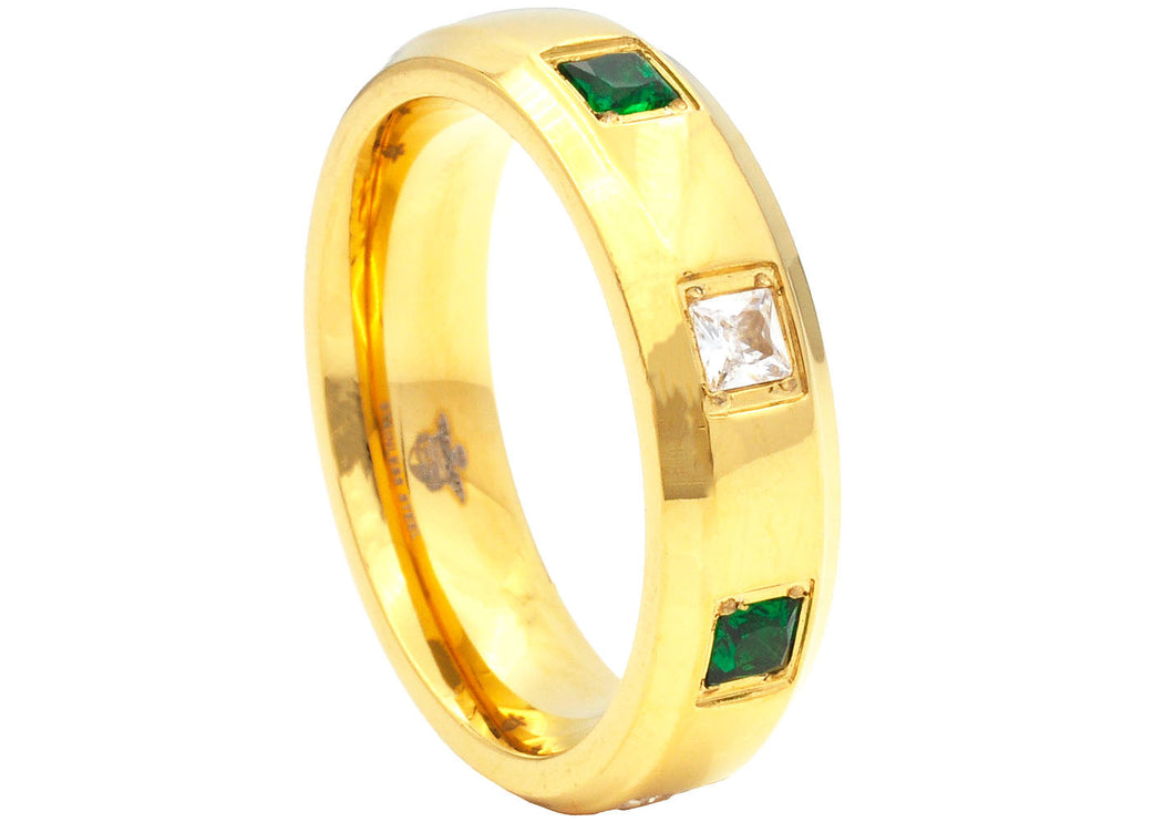 Mens Gold Stainless Steel Ring With Green and White Square Cubic Zirconia - Blackjack Jewelry