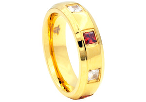 Mens Gold Stainless Steel Ring With Red and White Square Cubic Zirconia - Blackjack Jewelry