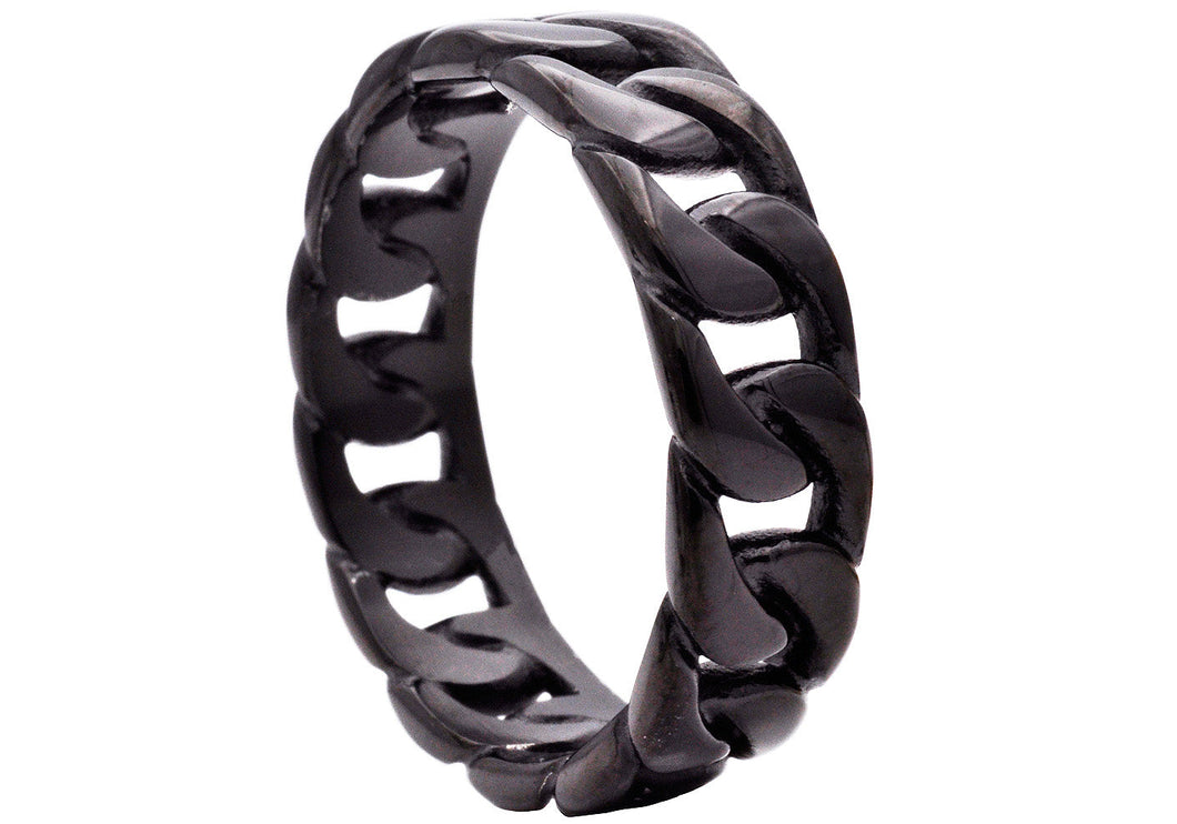 Mens 7mm Black Stainless Steel Cuban Link Band Ring - Blackjack Jewelry