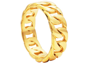 Mens 7mm Gold Plated Stainless Steel Cuban Link Band Ring - Blackjack Jewelry