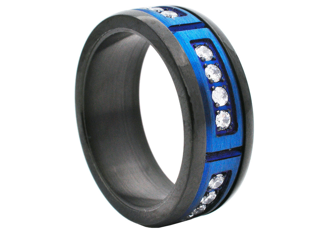 Mens 8mm Two-Tone Blue and Black Stainless Steel Ring With Cubic Zirconia - Blackjack Jewelry