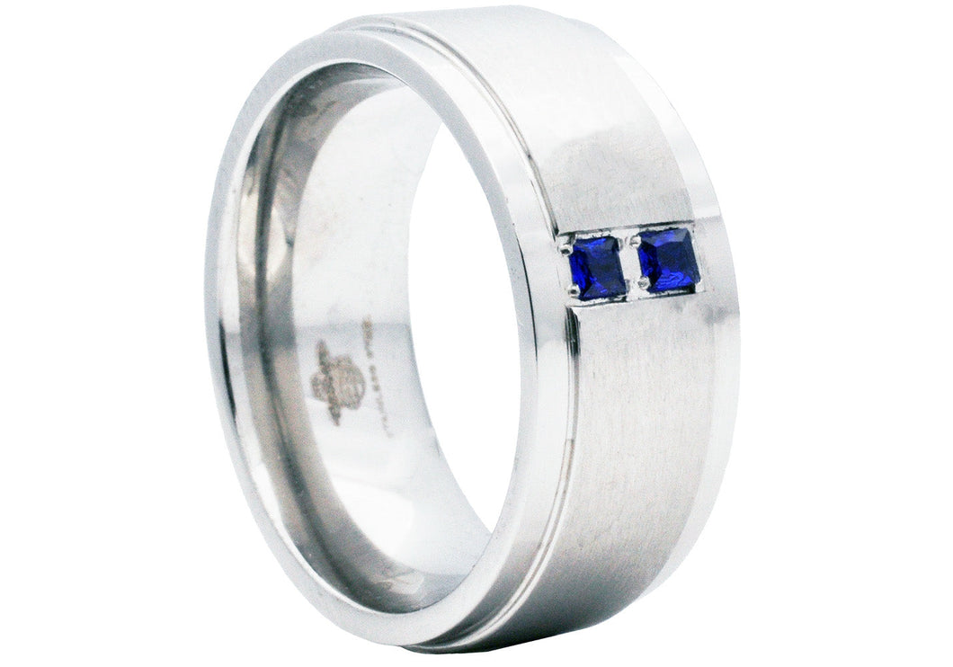 Mens 9mm Brushed Stainless Steel Ring With Blue Cubic Zirconia - Blackjack Jewelry