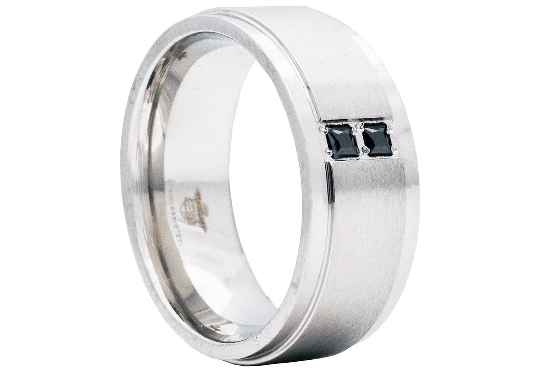 Mens 9mm Brushed Stainless Steel Ring With Black Cubic Zirconia - Blackjack Jewelry
