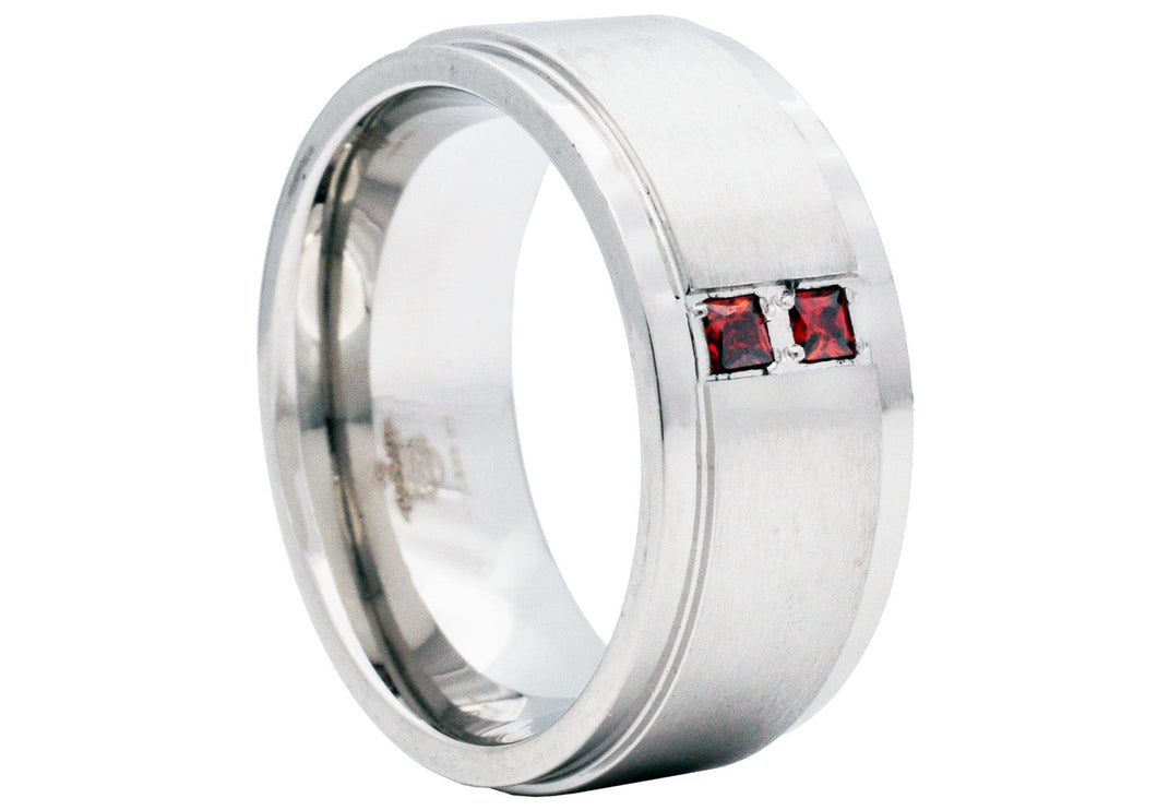 Mens 9mm Brushed Stainless Steel Ring With Red Cubic Zirconia - Blackjack Jewelry