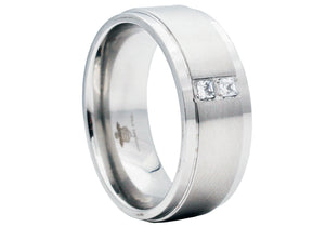 Mens 9mm Brushed Stainless Steel Ring With Cubic Zirconia - Blackjack Jewelry