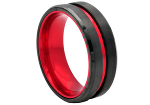 Mens Black And Red Plated Tungsten Band Ring