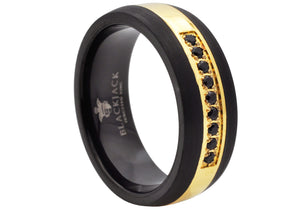 Mens Two Tone Black And Gold Tungsten Band Ring With Black Cubic Zirconia
