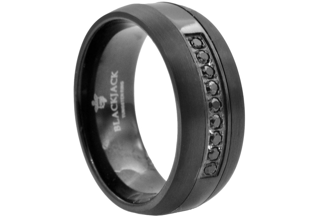 Mens Black Tungsten Band Ring With Black Cubic Zirconia - Blackjack Jewelry
