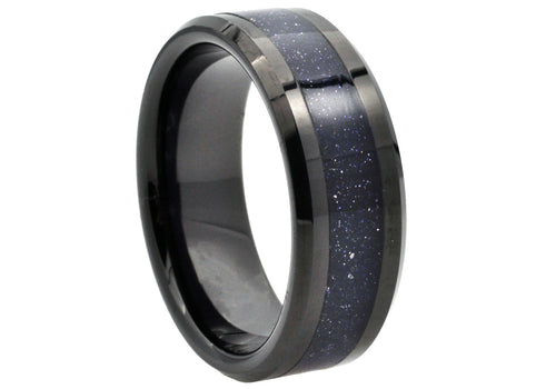 Mens Black Tungsten Band Ring With Blue Sandstone Inlay - Blackjack Jewelry