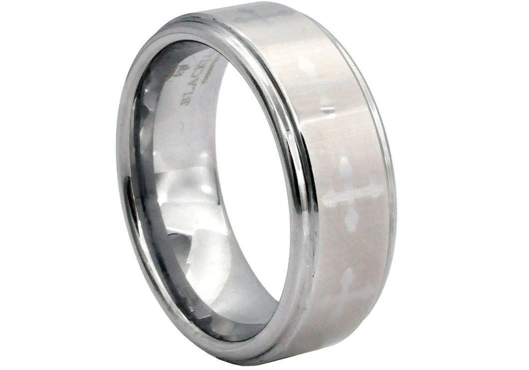 Mens Tungsten Carbide Laser Engraved Cross Ring Band - Blackjack Jewelry