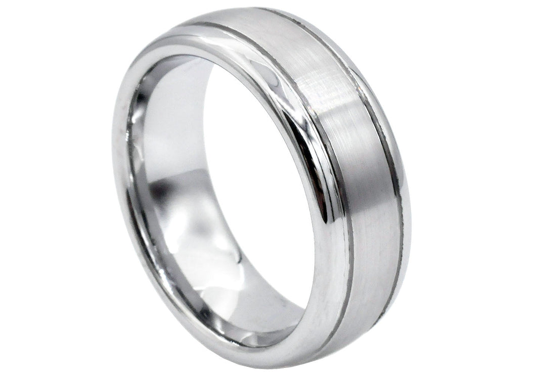 Mens 8mm Brushed And Polished Tungsten Double Stripe Band Ring - Blackjack Jewelry