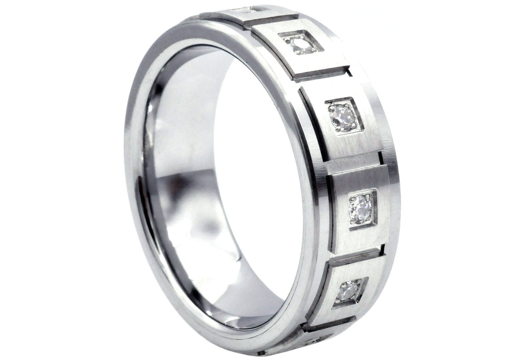 Mens Tungsten Ring with a Square Design and Imbedded Cubic Zirconia - Blackjack Jewelry