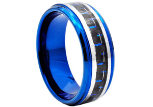 Mens Blue Tungsten Band Ring With Black and Blue Carbon Fiber - Blackjack Jewelry