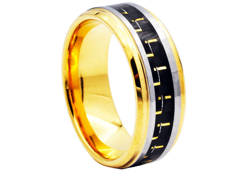 Mens Gold Tungsten Band Ring With Black and Gold Carbon Fiber - Blackjack Jewelry