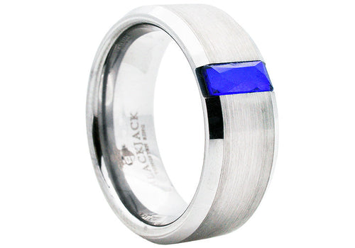Mens 8mm Brushed And Polished Tungsten Band Ring With Blue Cubic Zirconia - Blackjack Jewelry