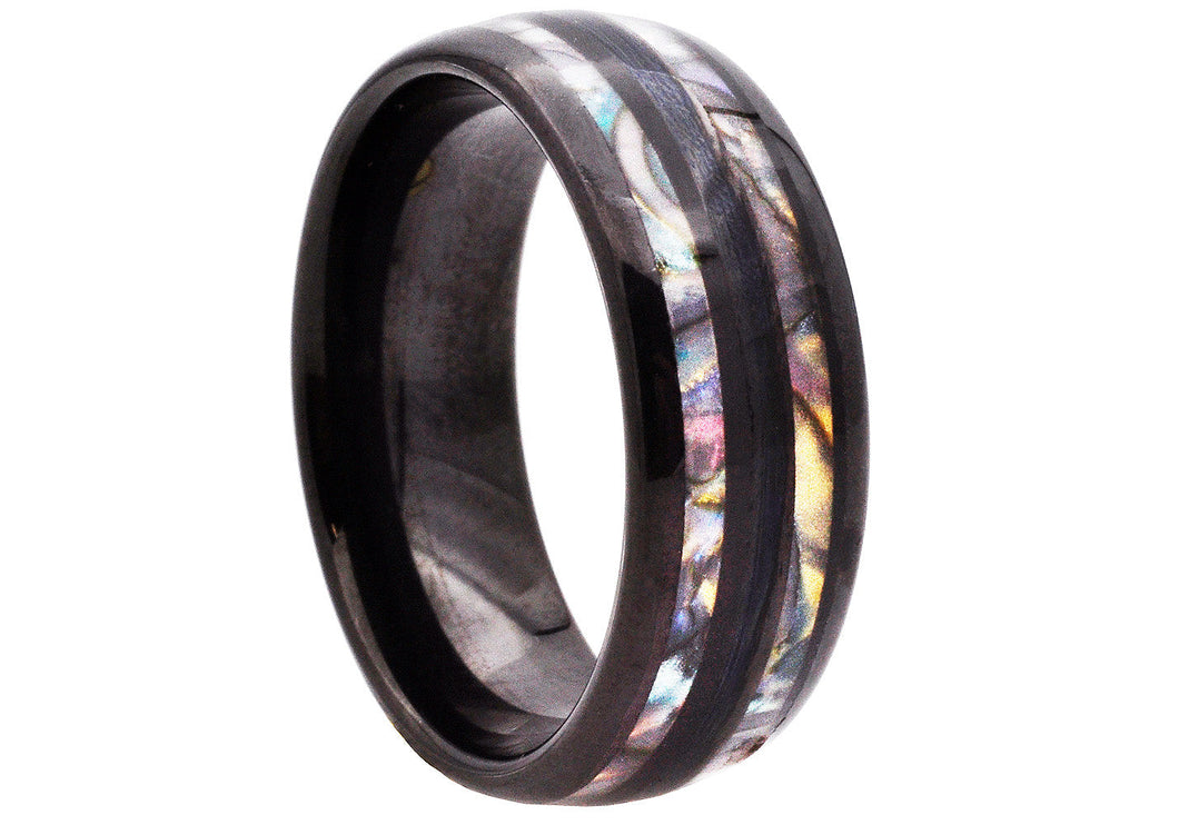 Mens 8mm Black Tungsten Band Ring With Abalone Stripes - Blackjack Jewelry