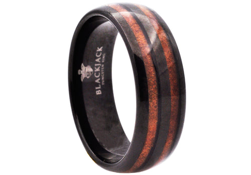 Mens 8mm Black Tungsten Band Ring With Wood Stripe - Blackjack Jewelry